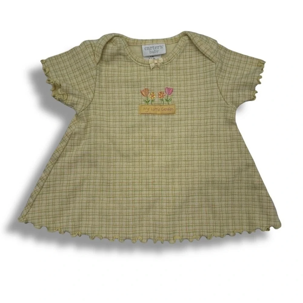 Carter's Baby Dress 0-3M Green‎ Plaid Floral Embroidery Lettuce Trim Vintage Y2K